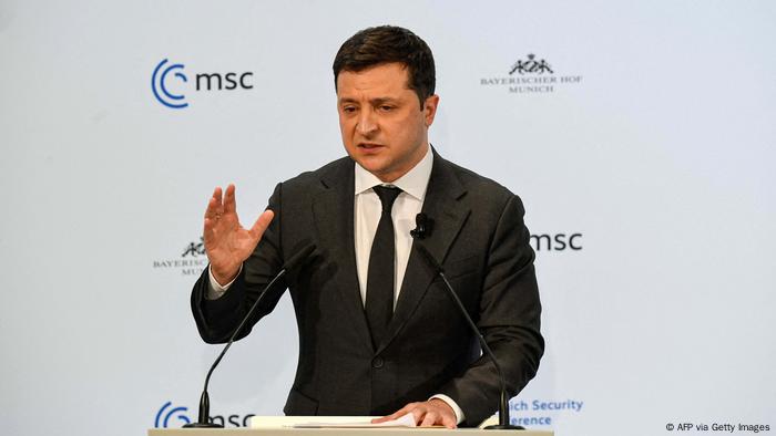 Ukrainian President Volodymyr Zelenskyy speaks at the Munich Security Conference