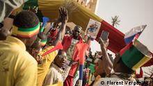 Protesters take part in a demonstration organised by the pan-Africanst platform Yerewolo to celebrate France's announcement to withdraw French troops from Mali, in Bamako, on February 19, 2022. - The French president announced on Febraury 16 the withdrawal of troops from Mali after a breakdown in relations with the nation's ruling military junta. France first intervened in Mali in 2013 to combat a jihadist insurgency that emerged one year prior. The French pull-out after nearly a decade is also set to see the smaller European Takuba group of special forces, created in 2020, leave Mali. (Photo by FLORENT VERGNES / AFP) (Photo by FLORENT VERGNES/AFP via Getty Images)