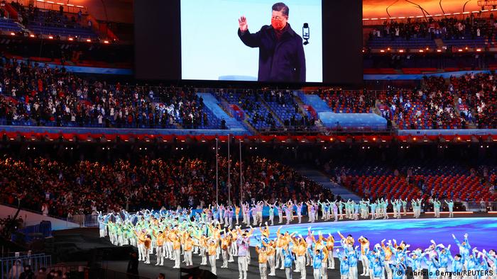 Chinese President Xi Jinping appears on the big screen at the Bird's Nest Stadium in Beijing for the Winter Olympics closing ceremony.