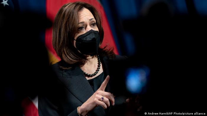 US Vice President Kamala Harris speaks to members of the media after attending the Munich Security Conference