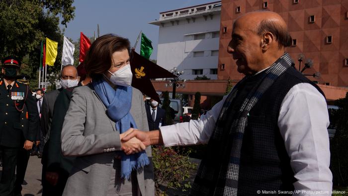 Indian Defense Minister Rajnath Singh shaking hands with his French counterpart Florence Parly in New Delhi in December last year