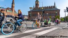 Radfahrer auf Radwegen, Radhuspladsen, Rathausplatz, in der Innenstadt von Kopenhagen, gilt als die Fahrrad Hauptstadt der Welt, 45 % der Einwohner legen ihre Wege mit dem Rad zurück,, Dänemark,