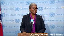In this image made from UNTV video, U.S. Ambassador to the United Nations Linda Thomas-Greenfield makes a statement after an emergency U.N. Security Council meeting on Ukraine, at the U.N. headquarters, Monday, Feb. 21, 2022. (UNTV via AP)