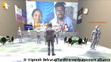 Eine Computeranimation zeigt die virtuelle Hochzeit von Janaganandhini Ramaswamy und Dinesh Kshatriya (Bildschirm, undatierte Aufnahme). Ein indisches Paar hat sein Hochzeitsfest in einem virtuellen Schloss gefeiert. Die Idee zu dieser Metaverse-Hochzeit kam Janaganandhini Ramaswamy und Dinesh Kshatriya, als die Behörden in ihrem Bundesstaat Tamil Nadu kürzlich neue Corona-Schutzmaßnahmen verkündeten. (zu dpa: «Indisches Paar heiratet im virtuellen Schloss») +++ dpa-Bildfunk +++