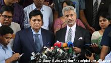 Visiting Indian External Affairs Minister Dr S Jaishankar speaks to media after a meeting with his Bangladesh counterpart Dr AK Abdul Momen at state guesthouse Jamuna in Dhaka on Tuesday, August 20, 2019. (Photo by Sony Ramany/NurPhoto)