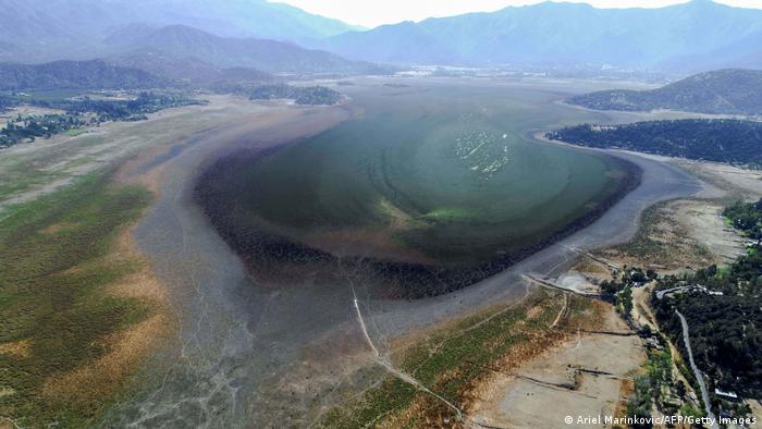 An aerial view of a dried-out lagoon was for decades a big tourist attraction near Santiago