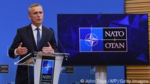 NATO Secretary General Jens Stoltenberg gives a press briefing following a extraordinary meeting of the NATO-Ukraine commission about the situation between Ukraine and Russia, at NATO headquarters in Brussels on February 22, 2022. - Russia faced a furious global diplomatic and economic backlash after President Vladimir Putin ordered his forces into Ukraine to secure two breakaway regions. (Photo by JOHN THYS / AFP) (Photo by JOHN THYS/AFP via Getty Images)