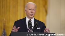 United States President Joe Biden provides an update to the American people on the situation in Russia and Ukraine from the East Room of the White House in Washington, DC on Tuesday, February 22, 2022. Credit: Chris Kleponis / Pool via CNP