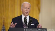 United States President Joe Biden provides an update to the American people on the situation in Russia and Ukraine from the East Room of the White House in Washington, DC on Tuesday, February 22, 2022. Credit: Chris Kleponis / Pool via CNP