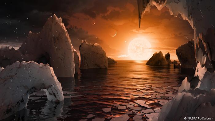 Este concepto artístico nos permite imaginar cómo sería estar en la superficie del exoplaneta TRAPPIST-1f.