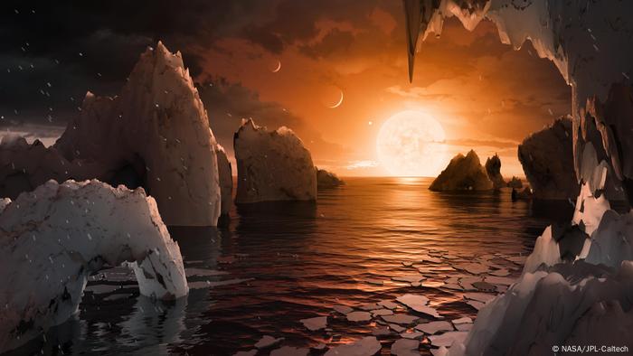 Este concepto artístico nos permite imaginar cómo sería estar en la superficie del exoplaneta TRAPPIST-1f.