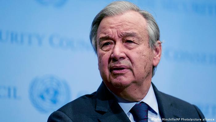 UN Secretary-General Antonio Guterres speaks to members of the media outside the Security Council chamber