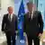 Kryenegociatori Besnik Bislimi dhe Miroslav Lajçak në foto para një flamuri blu të BE
