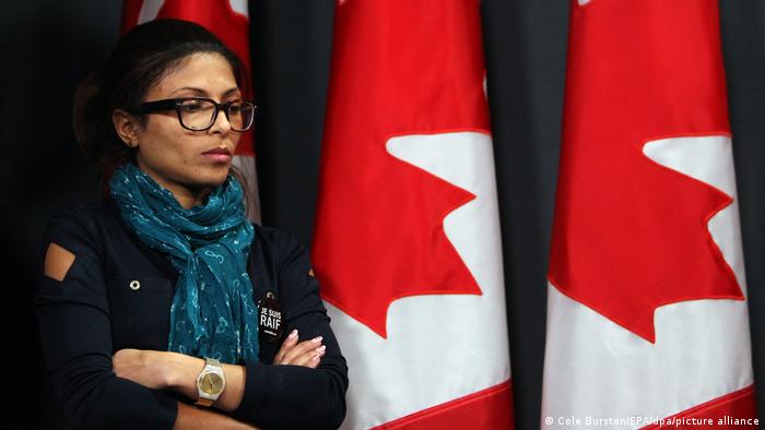 Ensaf Haidar, wife of Saudia Arabian blogger Raif Badawi listens in at a news conference in Ottawa, Canada.