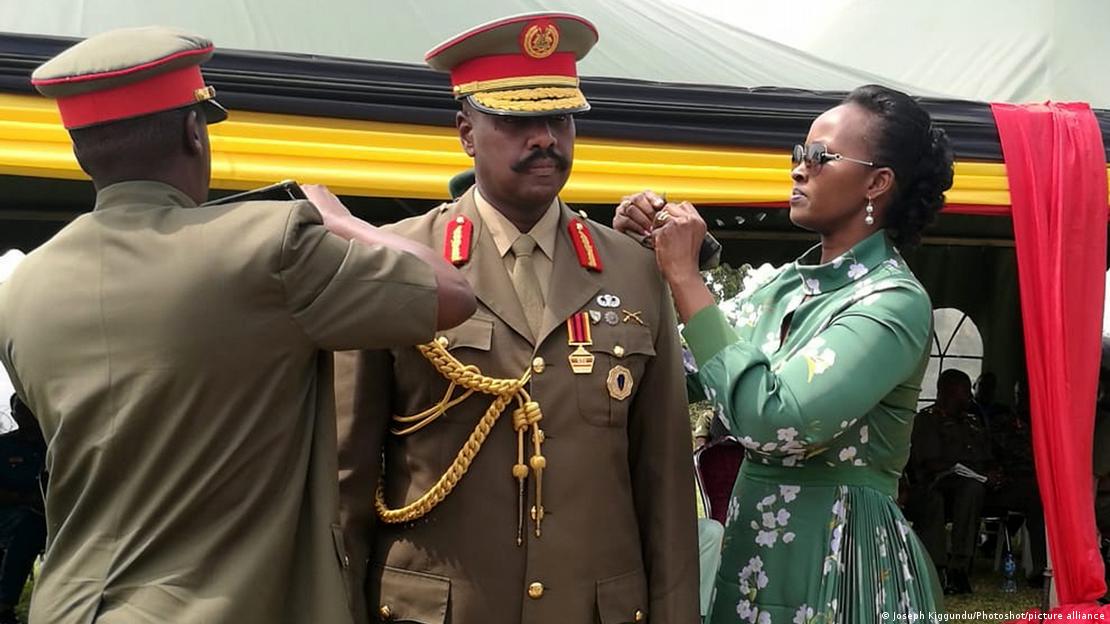 Muhoozi Kainerugaba (center), Ugandan military officer is decorated with the new rank of Lieutenant General