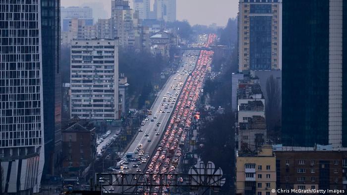 Inhabitants of Kyiv leave the city by road causing a large traffic jam, following missile strikes of the Russian armed forces and Belarus on February 24, 2022, in Kyiv, Ukraine