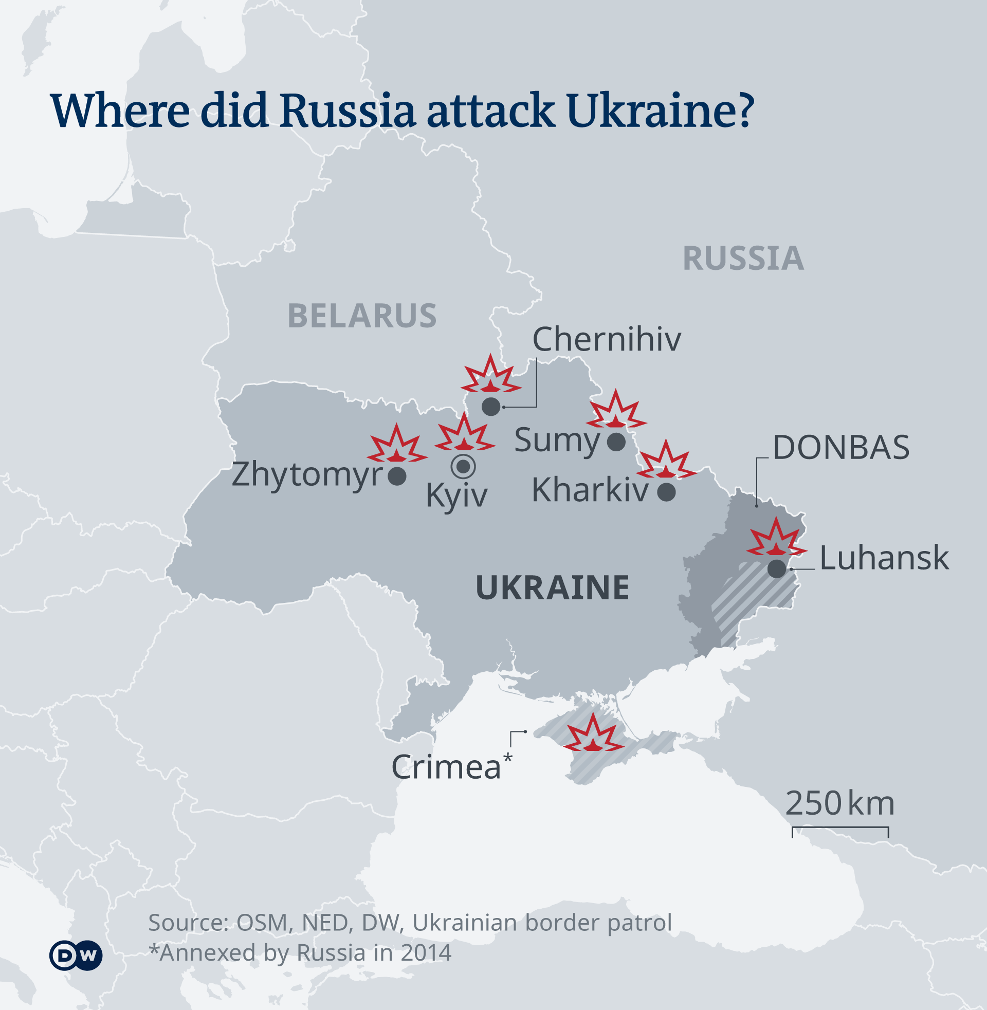  Графика, която демонстрира къде бяха първите набези на Русия в Украйна 
