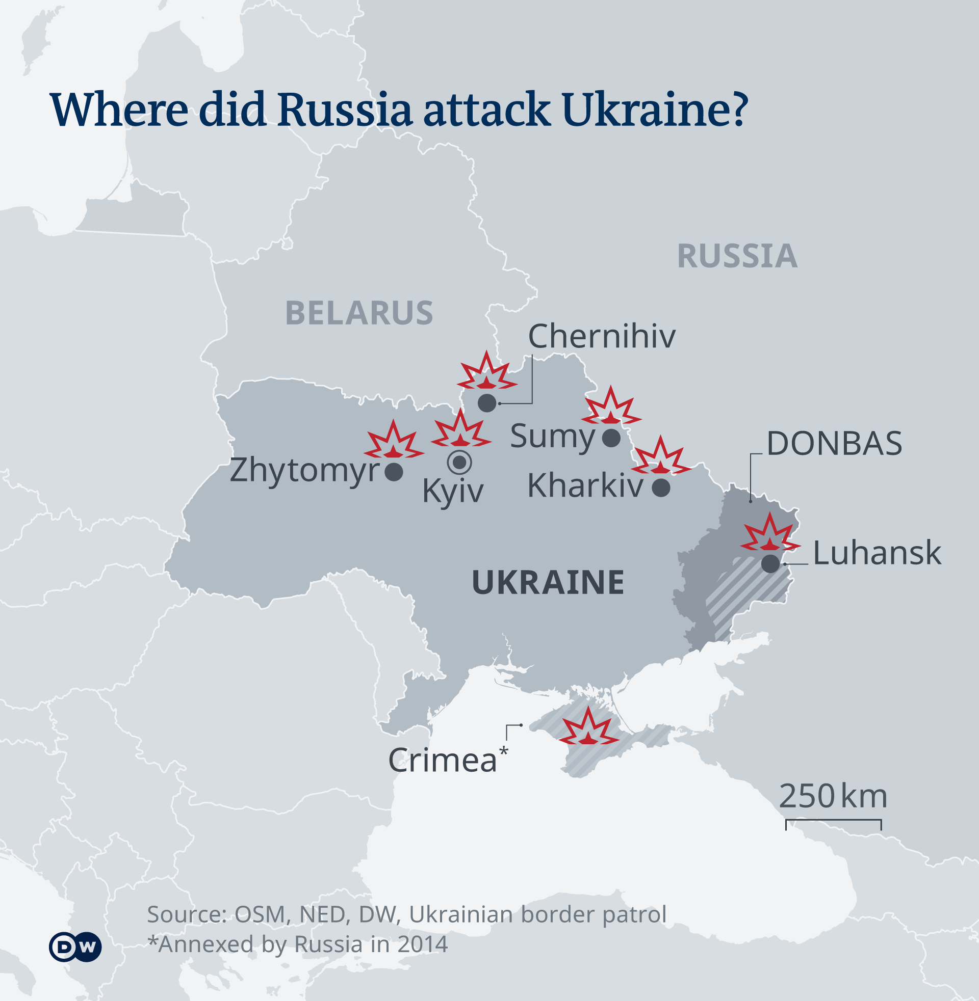 Графика, която показва къде Русия е нападнала Украйна