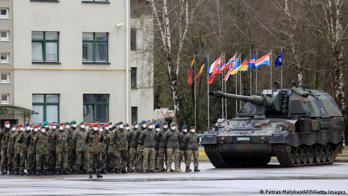 Soldiers of the German armed forces Bundeswehr take part in a ceremony during the visit of the German Defence Minister at the leadership of the NATO's Enhanced Forward Presence enhanced forward presence (EFP) battlebroup in Rukla, Lithuania.