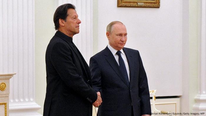 Russian President Vladimir Putin meets with Pakistan's Prime Minister Imran Khan at the Kremlin in Moscow on February 24, 2022