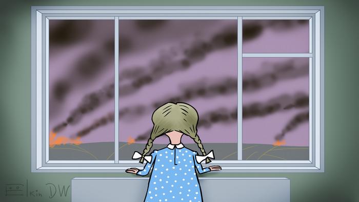 Карикатура Сергея Елкина - девочка смотрит из окна и видит ракетные обстрелы.