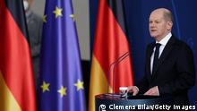 BERLIN, GERMANY - FEBRUARY 24: German Chancellor Olaf Scholz delivers a statement following a meeting of the security cabinet of the government on February 24, 2022 in Berlin, Germany. Russian President announced a military operation in Ukraine on February 24, 2022, with explosions heard soon after across the country and its foreign minister warning a full-scale invasion was underway. (Photo by Clemens Bilan - Pool/Getty Images)