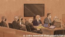 FILE PHOTO: Three former Minneapolis officers, Tou Thao, J. Alexander Kueng and Thomas Lane, sit with their lawyers during their trial as they are charged with violating George Floyd's civil rights during his 2020 arrest, in St. Paul, Minnesota, U.S., January 24, 2022 in this courtroom sketch. Cedric Hohnstadt Illustration via REUTERS. NO RESALES. NO ARCHIVES. MANDATORY CREDIT THIS IMAGE HAS BEEN SUPPLIED BY A THIRD PARTY./File Photo
