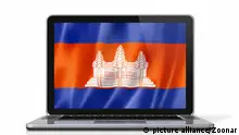 Cambodia flag on laptop screen isolated on white. 3D illustration render.