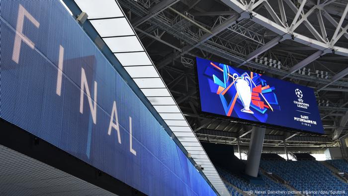 A Champions League logo on the big screen at Gazprom Arena in St. Petersburg