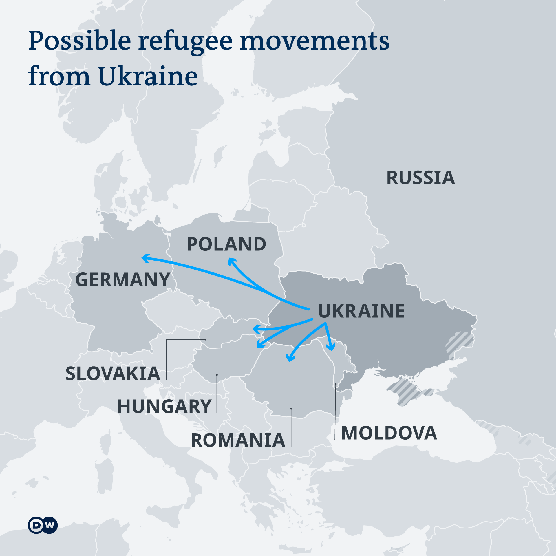 Mapa s vyznačením možného pohybu uprchlíků z Ukrajiny
