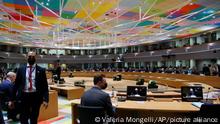 EU foreign ministers begin a round table meeting at the European Council building in Brussels, Friday, Feb. 25, 2022. EU leaders, at a meeting on Thursday, agreed on further restrictive measures following Russia's military aggression against Ukraine. EU foreign affairs ministers meet in Brussels on Friday to proceed with the adoption of these restrictive measures. (AP Photo/Valeria Mongelli)