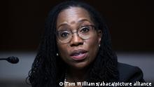 File photo dated April 28, 2021 of Ketanji Brown Jackson, nominee to be U.S. Circuit Judge for the District of Columbia Circuit, testifies during her Senate Judiciary Committee confirmation hearing in Dirksen Senate Office Building in Washington, DC, USA . Photo By Tom Williams/Pool/ABACAPRESS.COM