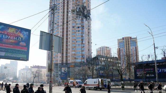 A damaged high-rise residential building in Kyiv 