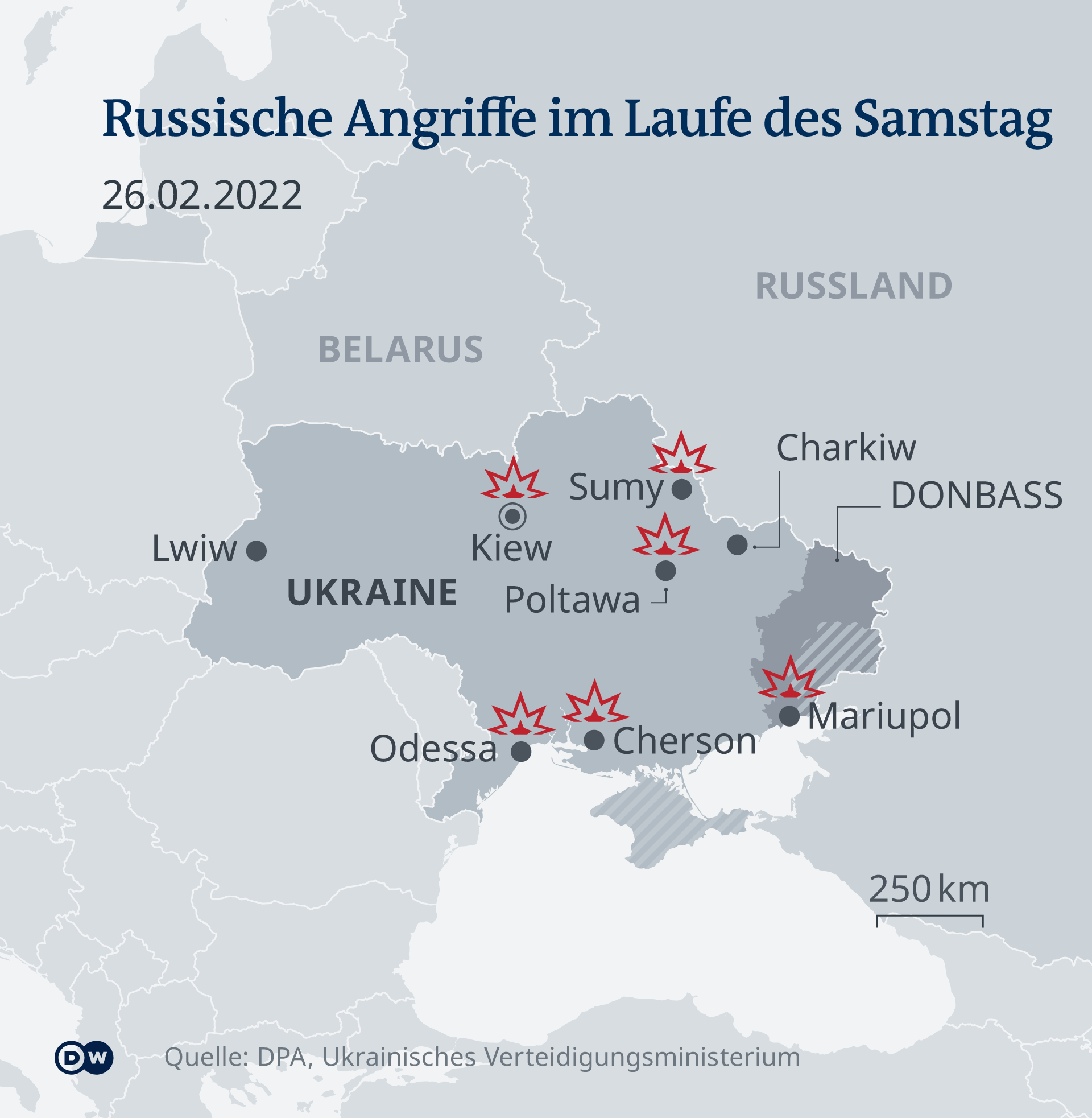 Infografik Ukrainische Städte unter Beschuss von Russland DE