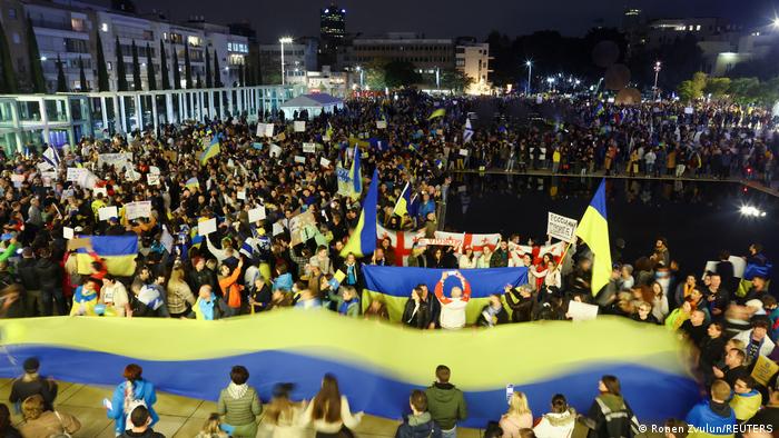 Demonstrators in Tel Aviv attend a rally in support of Ukraine