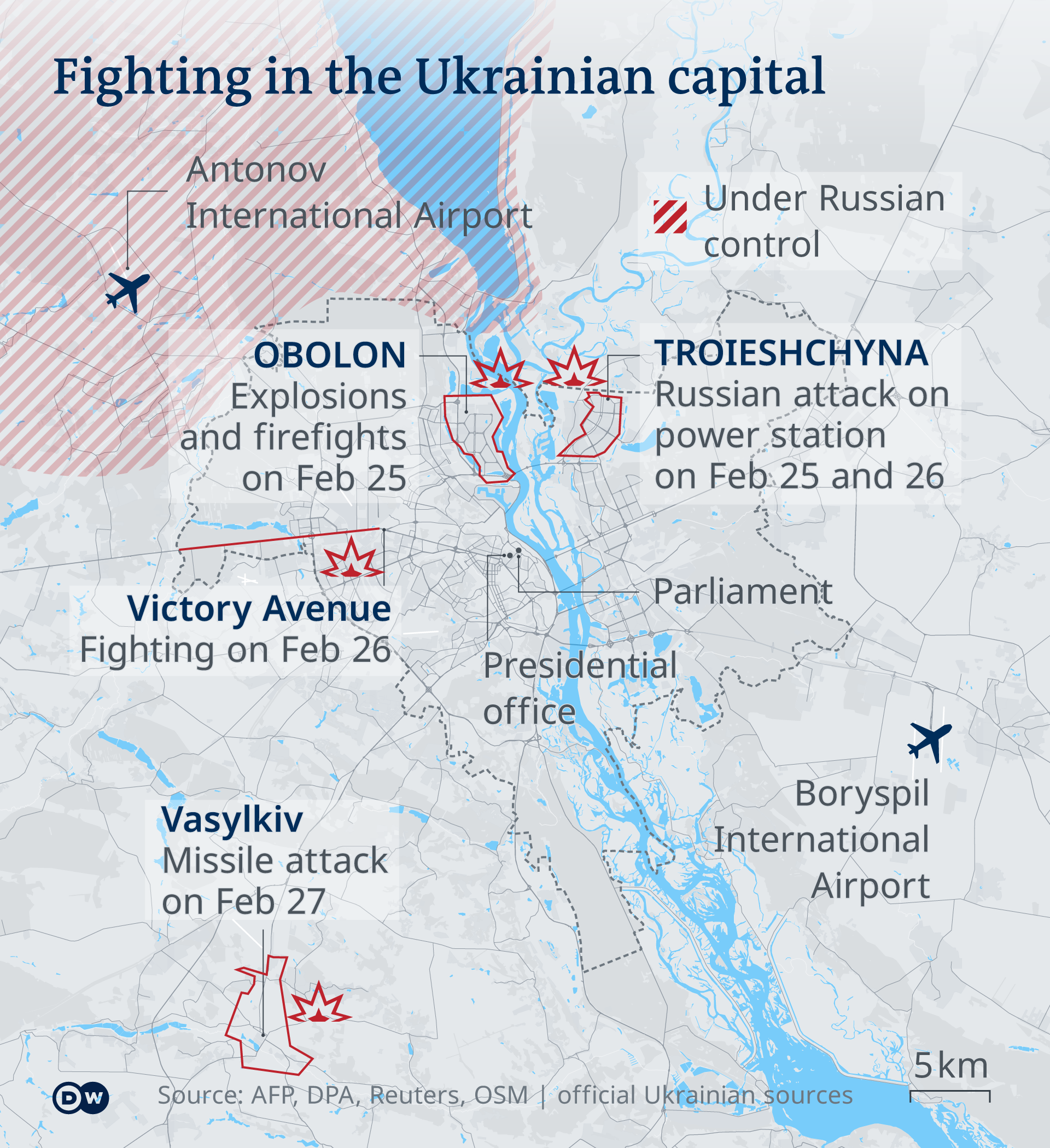 A map showing locations of clashes in and around Kyiv