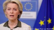 European Commission President Ursula von der Leyen speaks during a news conference with High Representative of the European Union for Foreign Affairs and Security Policy Josep Borrell, after Russia launched a massive military operation against Ukraine, in Brussels, Belgium, February 27, 2022. Stephanie Lecocq/Pool via REUTERS
