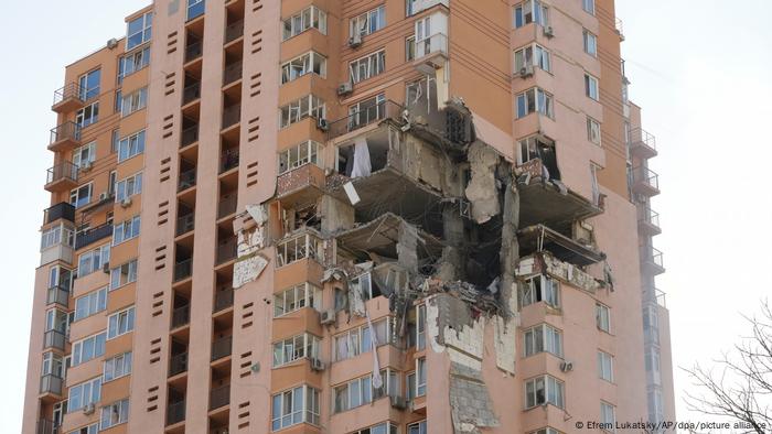 Parts of a residential building in Kyiv destroyed by a rocket attack