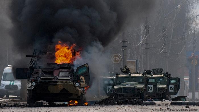 Burning armored personnel carrier, Kharkiv