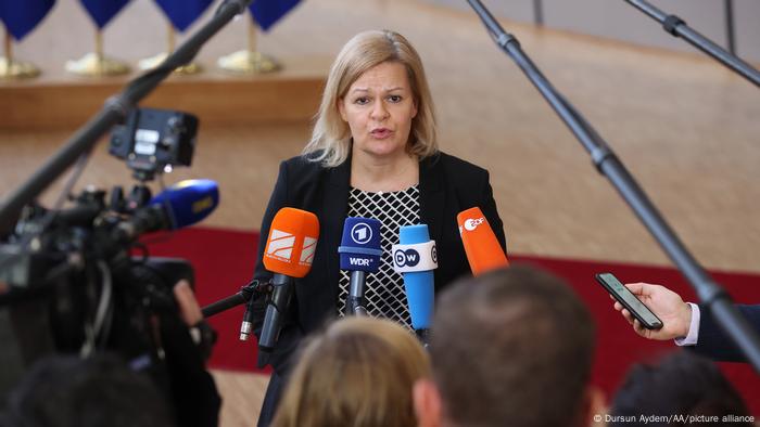 German Interior Minister Nancy Faeser speaks to reporters in Brussels 