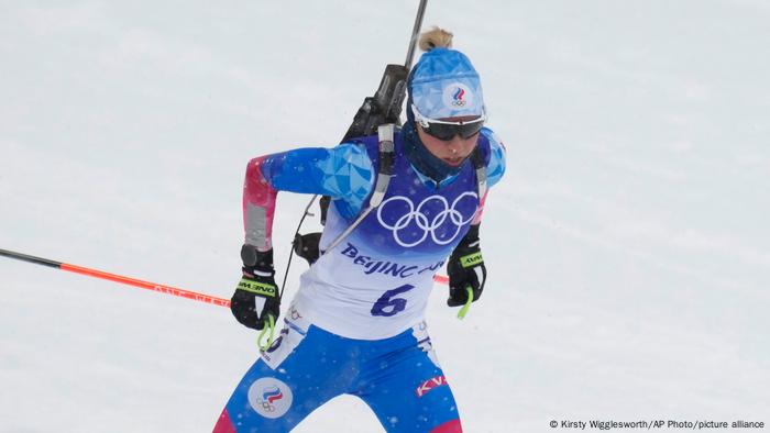 Kristina Reztsova of the Russian Olympic Committee skiing during a 10-kilometer pursuit race