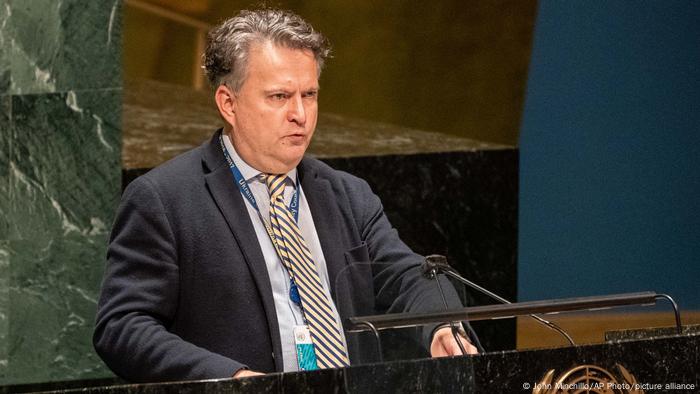 Sergiy Kyslytsya, permanent representative of Ukraine to the United Nations, speaks during an emergency meeting of the UN General Assembly