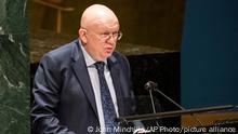 Vasily Nebenzya, Permanent Representative of Russia to the United Nations, speaks during an emergency meeting of the UN General Assembly, Monday, Feb. 28, 2022, at United Nations Headquarters. The U.N.'s two major bodies, the 193-nation General Assembly and the more powerful 15-member Security Council, are holding separate meetings Monday on Russia's invasion of Ukraine, a reflection of widespread international demands for an immediate cease-fire and escalating concern for the plight of millions of Ukrainians caught up in the war. (AP Photo/John Minchillo)