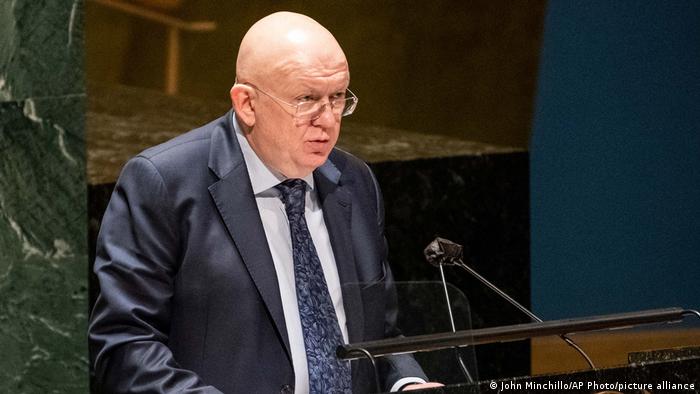 Vasily Nebenzya, Permanent Representative of Russia to the United Nations, speaks during an emergency meeting of the UN General Assembly