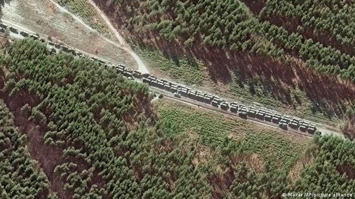 A satellite image showing part of a Russian convoy north west of Kyiv, Ukraine