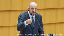European Council President Charles Michel gives a speech during a plenary session of the European parliament, in Brussels, Tuesday 01 March 2022, on the invasion of Ukraine and a vote on a motion for a resolution on Russian aggression against Ukraine. BELGA PHOTO JONAS ROOSENS (Photo by JONAS ROOSENS/BELGA MAG/AFP via Getty Images)