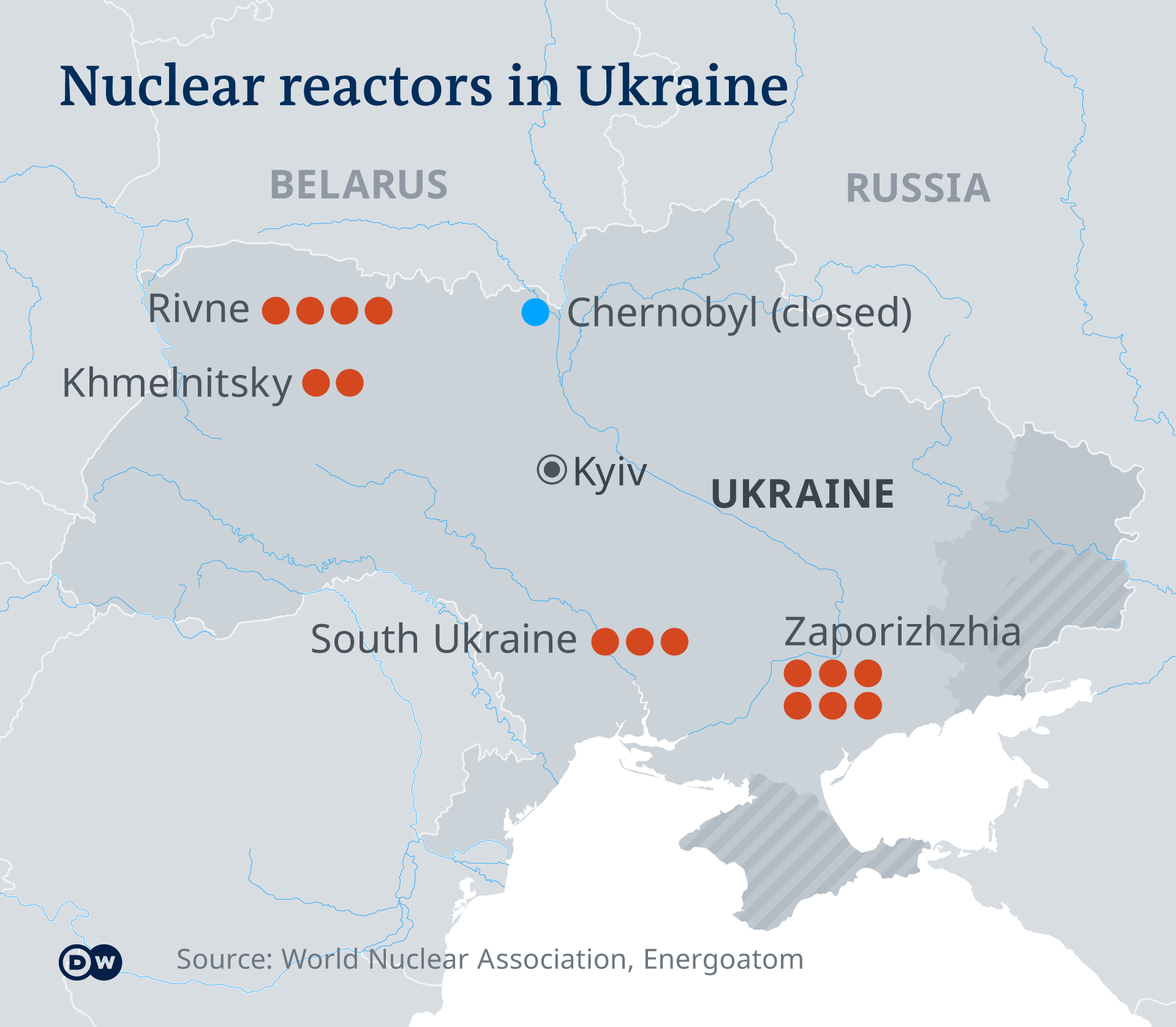 Map: nuclear reactors in Ukraine, including Zaporizhzhia and the closed Chernobyl