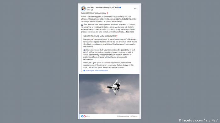 Screenshot Facebook | Verteidigungsminister Slowakei Jaroslav Naď zu Kampfflugzeugen