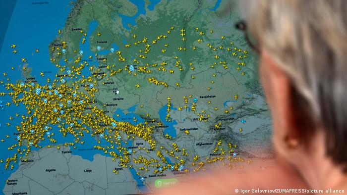 An online flight tracker shows aircraft avoiding Ukraine after the Russian attack on February 24