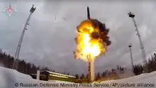 This photo taken from video provided by the Russian Defense Ministry Press Service on Saturday, Feb. 19, 2022, shows a Yars intercontinental ballistic missile being launched from an air field during military drills. The Russian military on Friday announced massive drills of its strategic nuclear forces. Russian President Vladimir Putin will personally oversee Saturday's exercise, which will involve multiple practice launches of intercontinental ballistic missiles and cruise missiles, the Defense Ministry said. (Russian Defense Ministry Press Service via AP)